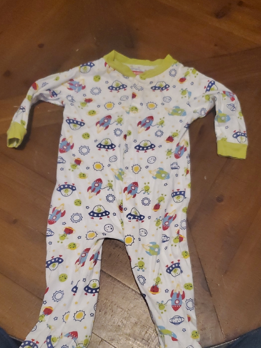 Swiggles White Space Rocket & UFO Print Footed One-Piece with Lime Trim